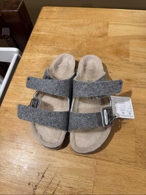 Birkenstock Kids Gray Faux-Wool Two-Strap Slide Sandals